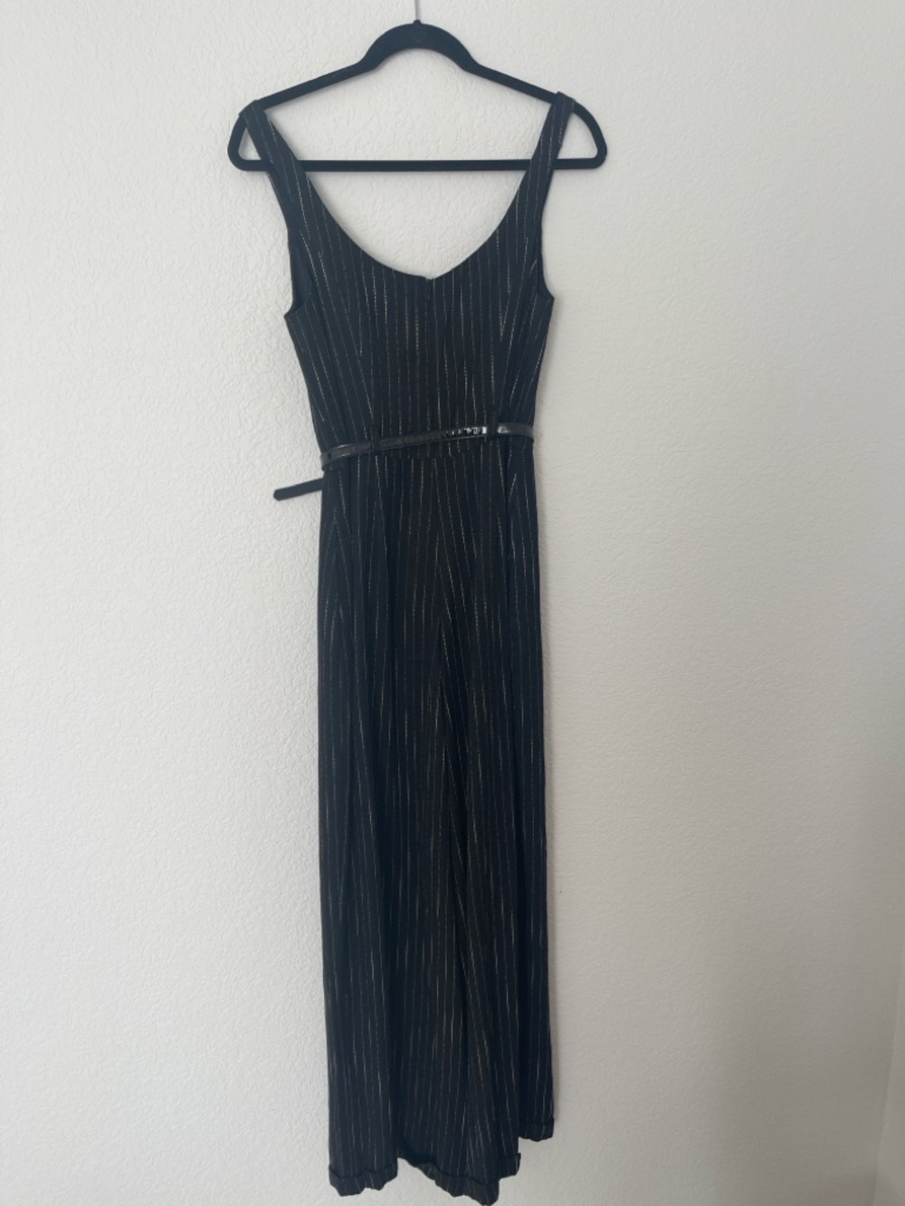 Black Sleeveless Maxi Jumpsuit with Subtle Gold Pinstripes